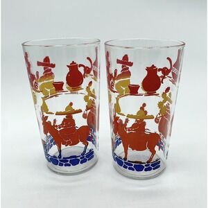 2 Vintage Juice Glasses Cactus Donkey Sombrero Southwest Design Bright Colors